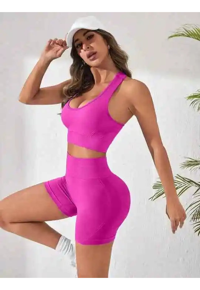 Hot Selling New Women's Seamless Gym Yoga Fitness Sportswear High Waist Butt Lift Squats Shorts Solid Color Sleeve Crop Top Set
