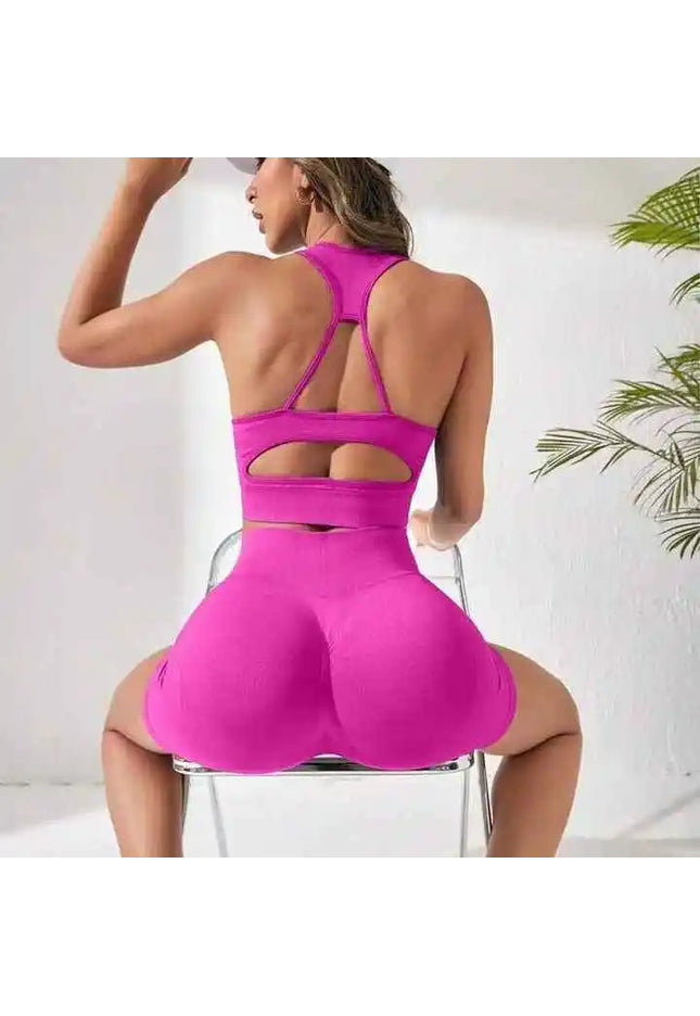 Hot Selling New Women's Seamless Gym Yoga Fitness Sportswear High Waist Butt Lift Squats Shorts Solid Color Sleeve Crop Top Set