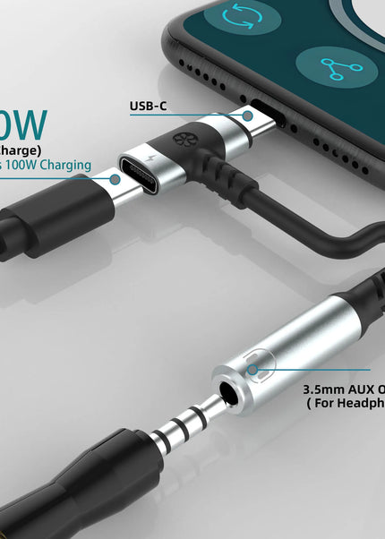 USB C to 3.5mm earphones and charger adapter 2-in-1 C-type to Aux microphone jack, with PD 100W fast charging encryption dongle.