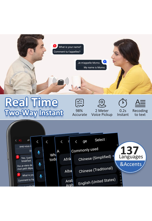 Z2 Instant AI Voice Translator Portable 3.1 inch Touch Screen Real Time Translator with Recording Photo for Travel Learn Meeting
