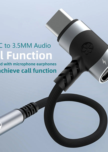 USB C to 3.5mm earphones and charger adapter 2-in-1 C-type to Aux microphone jack, with PD 100W fast charging encryption dongle.