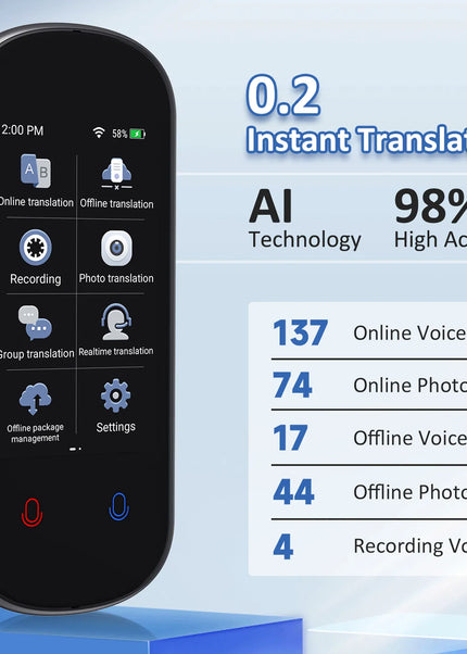 Z2 Instant AI Voice Translator Portable 3.1 inch Touch Screen Real Time Translator with Recording Photo for Travel Learn Meeting